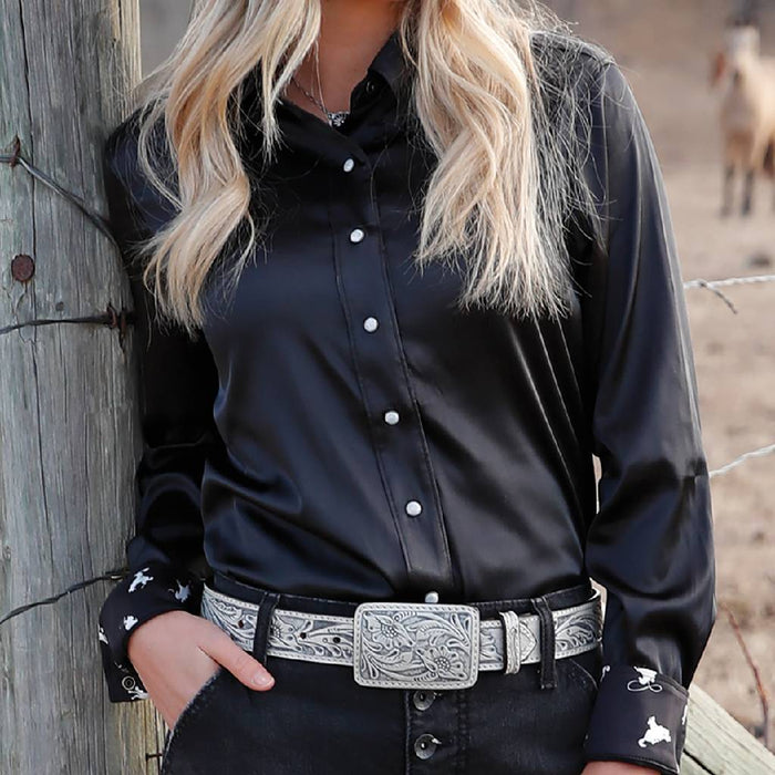 Cruel Denim Women's Black Satin Pearl Snap Shirt WOMEN - Clothing - Tops - Long Sleeved Cruel Denim