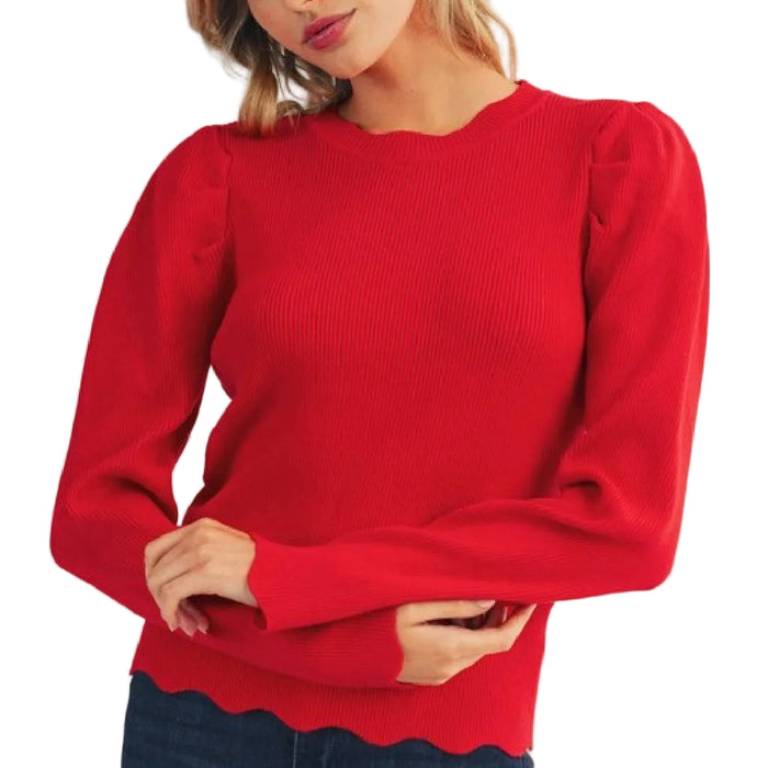 Red Scallop Edge Knit Top WOMEN - Clothing - Tops - Long Sleeved Jodifl