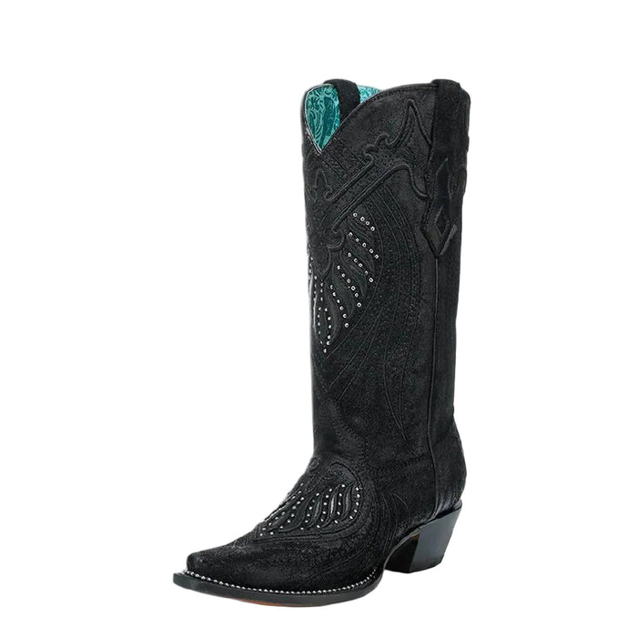 Corral Women's Black Snip Toe Overlay Embroidery Stud Boots