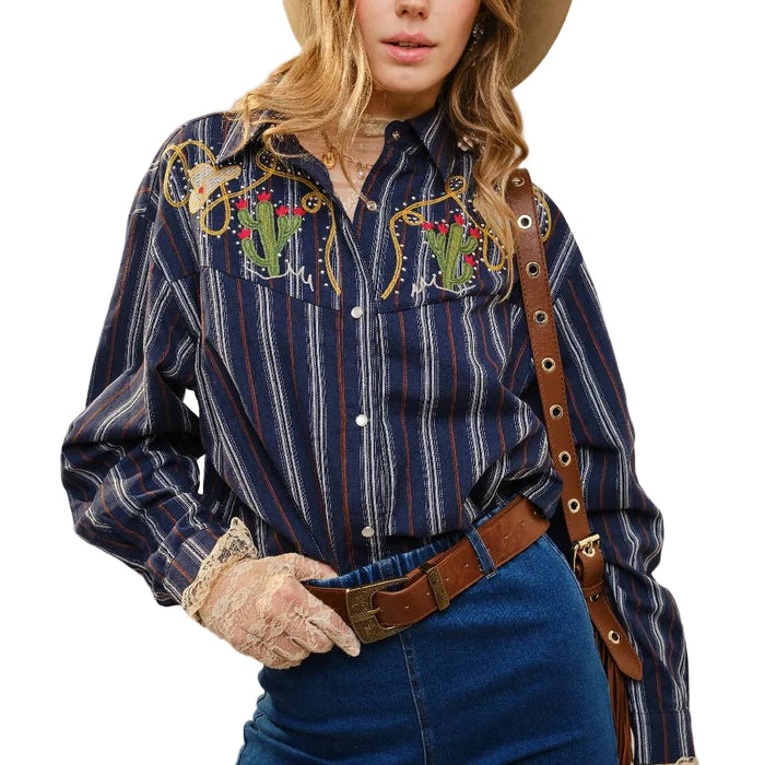 Embroidered Western Yoke Stripe Pearl Snap Shirt WOMEN - Clothing - Tops - Long Sleeved Blue B
