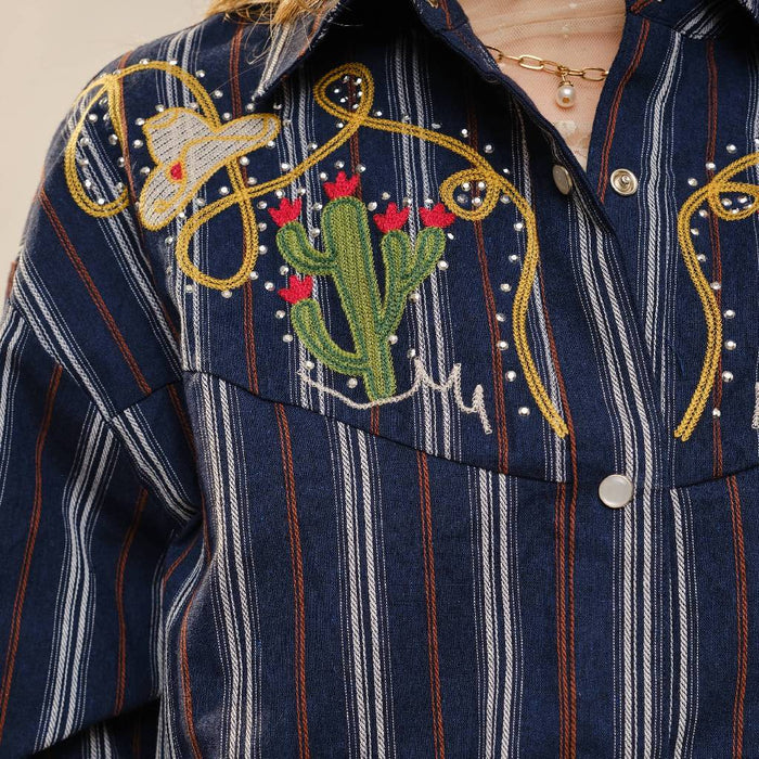 Embroidered Western Yoke Stripe Pearl Snap Shirt WOMEN - Clothing - Tops - Long Sleeved Blue B