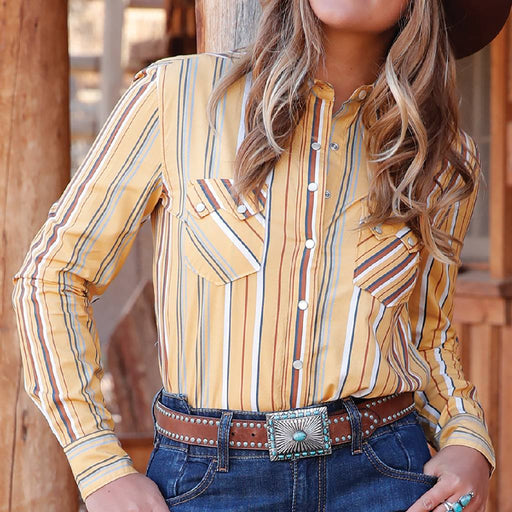 Cruel Denim Women's Yellow Stripe Pearl Snap Shirt WOMEN - Clothing - Tops - Long Sleeved Cruel Denim
