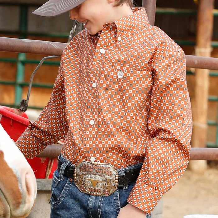 Cinch Boy's Orange Geo Print Button Down Shirt KIDS - Boys - Clothing - Shirts - Long Sleeve Shirts Cinch