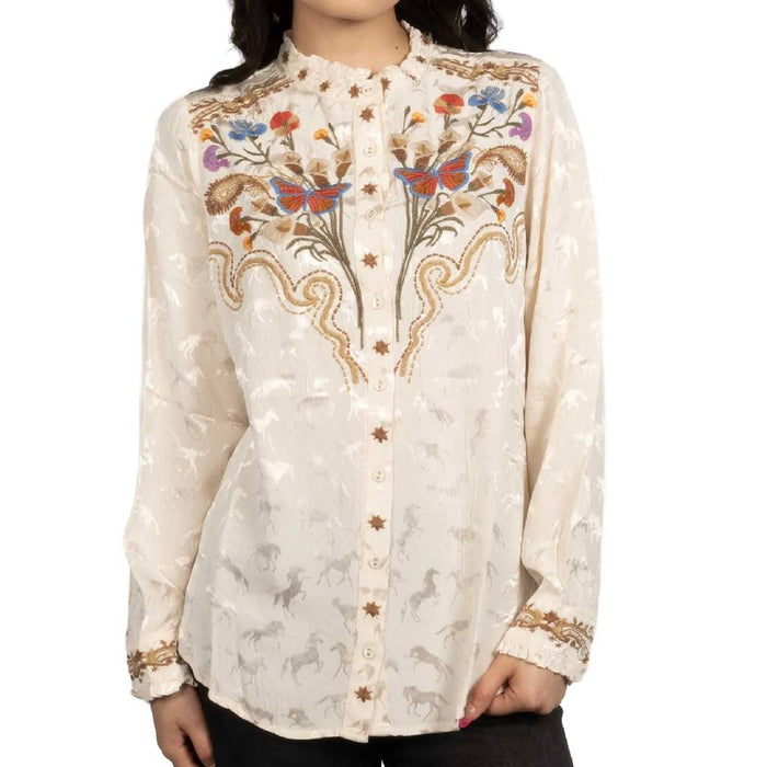 Johnny Was Ecru Durango Ruffle Neck Top