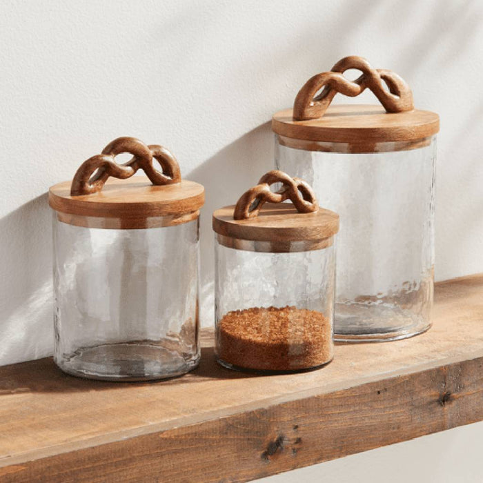 Mud Pie 3pc Twist Wood Handle Glass Cansiters - FINAL SALE HOME & GIFTS - Tabletop + Kitchen - Kitchen Decor Mud Pie