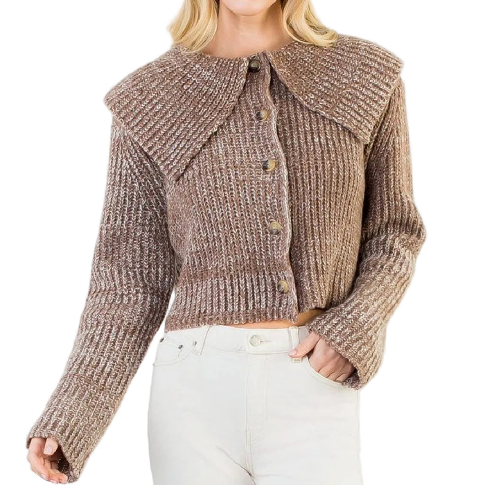 Cropped Knitted Collar Brown Cardigan WOMEN - Clothing - Sweaters & Cardigans THML Clothing
