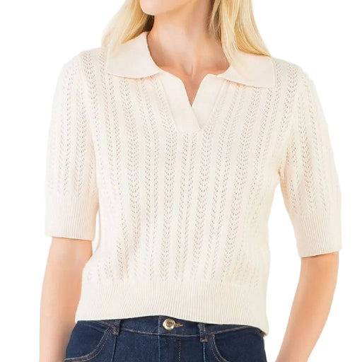 Cream Pointelle Polo Knit Top WOMEN - Clothing - Tops - Short Sleeved THML Clothing
