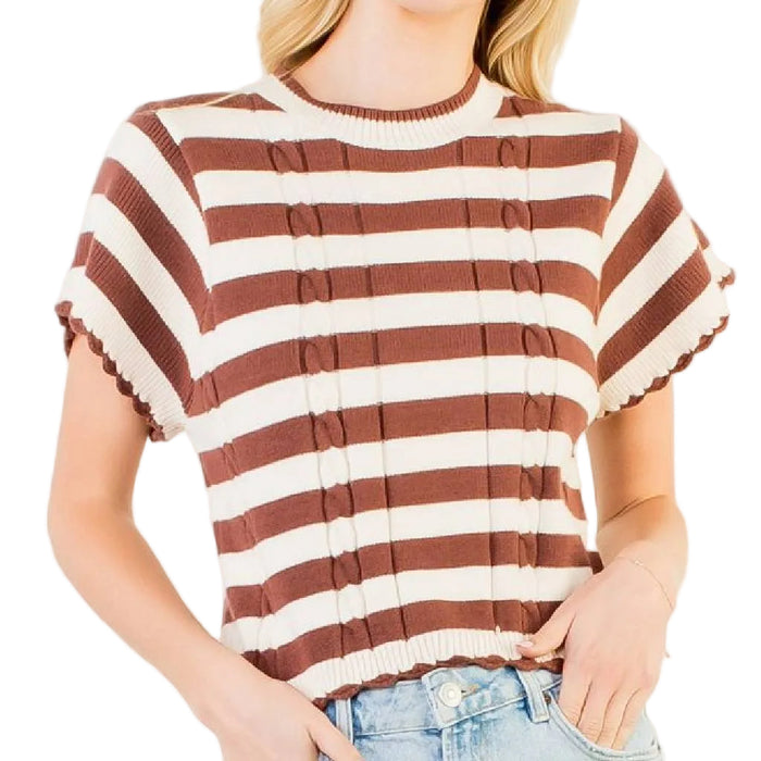 Brown Striped Knit Top WOMEN - Clothing - Tops - Short Sleeved THML Clothing