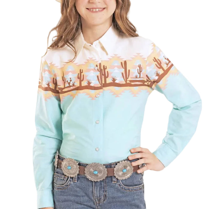 Panhandle Slim Girl's Aquamarine Desert Print Pearl Snap Shirt KIDS - Girls - Clothing - Tops - Long Sleeve Tops Panhandle