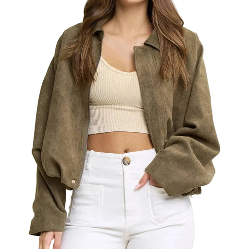 Olive Suede Bomber Jacket WOMEN - Clothing - Outerwear - Jackets AND THE WHY