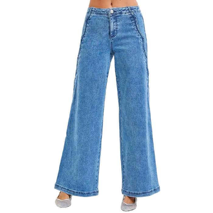 Risen High Rise Wide Leg Scalloped Edge Detail Jean