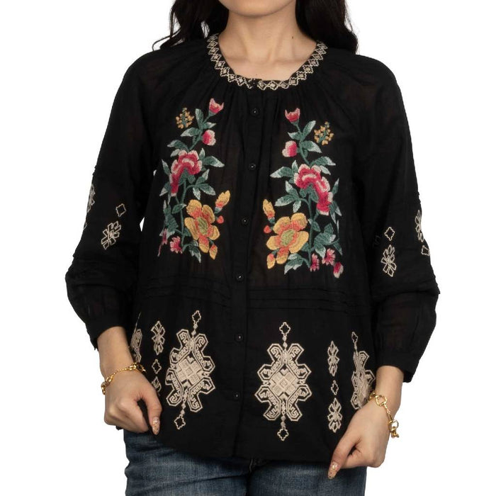 Johnny Was Sunnie Black Pintuck Raglan Button Up Top WOMEN - Clothing - Tops - Long Sleeved Johnny Was Collection