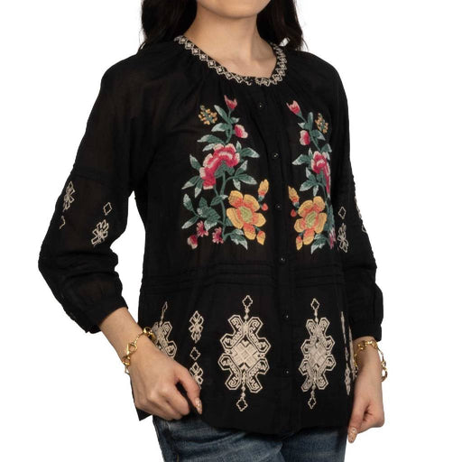 Johnny Was Sunnie Black Pintuck Raglan Button Up Top WOMEN - Clothing - Tops - Long Sleeved Johnny Was Collection