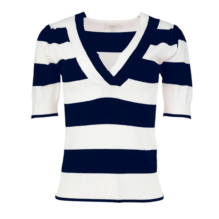 Kut Yona Striped V Neck Sweater - White/Navy