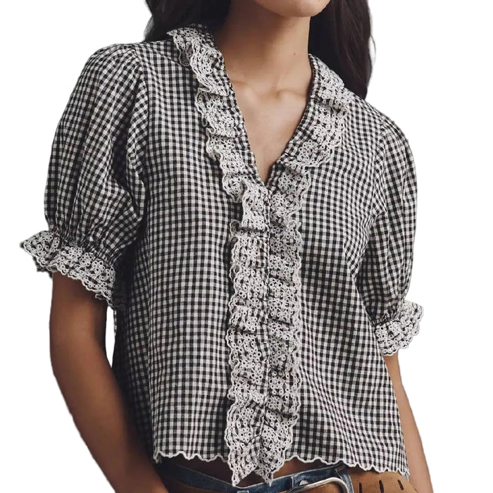 Black Gingham Lace Ruffle Top