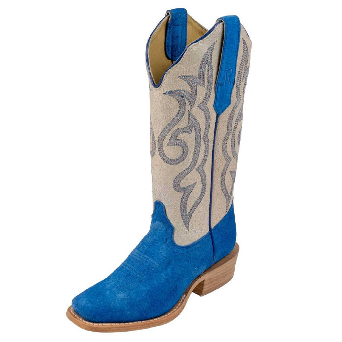 R. Watson Women's Neon Blue Roughout & Pearl Top Narrow Square Toe Boot