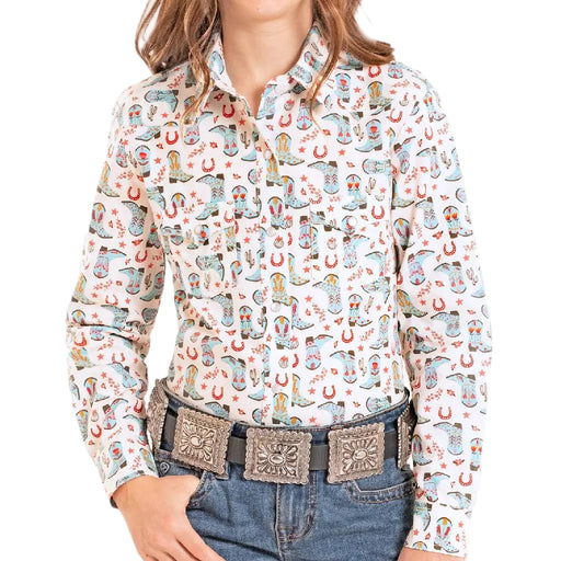 Panhandle Slim Girl's Floral Boot Print Pearl Snap Shirt KIDS - Girls - Clothing - Tops - Long Sleeve Tops Panhandle