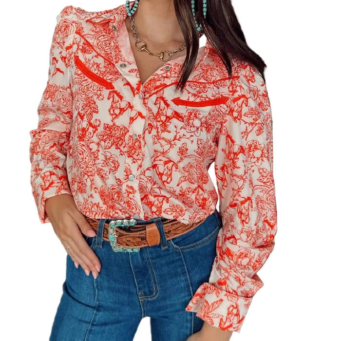 Howdy Hanny Red Flower Horse Pearl Snap Shirt