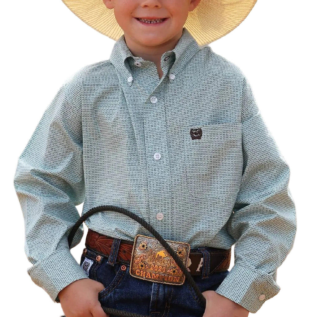 Cinch Boy's Blue Geo Print Button Down Shirt - FINAL SALE KIDS - Boys - Clothing - Shirts - Long Sleeve Shirts Cinch