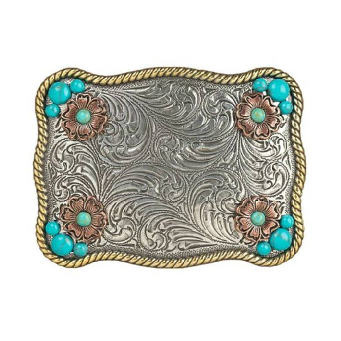 Blazin Roxx Rectangle Flower Accent Turquoise Buckle ACCESSORIES - Additional Accessories - Buckles M&F Western Products