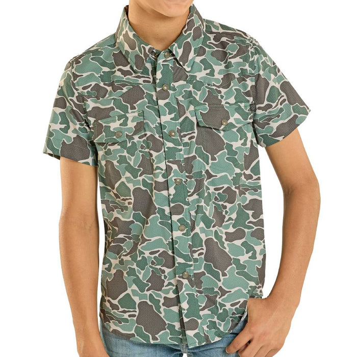Rock & Roll Denim Boy's Camo Print Western Tek Snap Shirt KIDS - Boys - Clothing - Shirts - Short Sleeve Shirts Panhandle