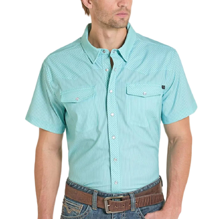 Rock & Roll Denim Men's Tek Core Stripe Pearl Snap Shirt - Light Turquoise MEN - Clothing - Shirts - Short Sleeve Panhandle
