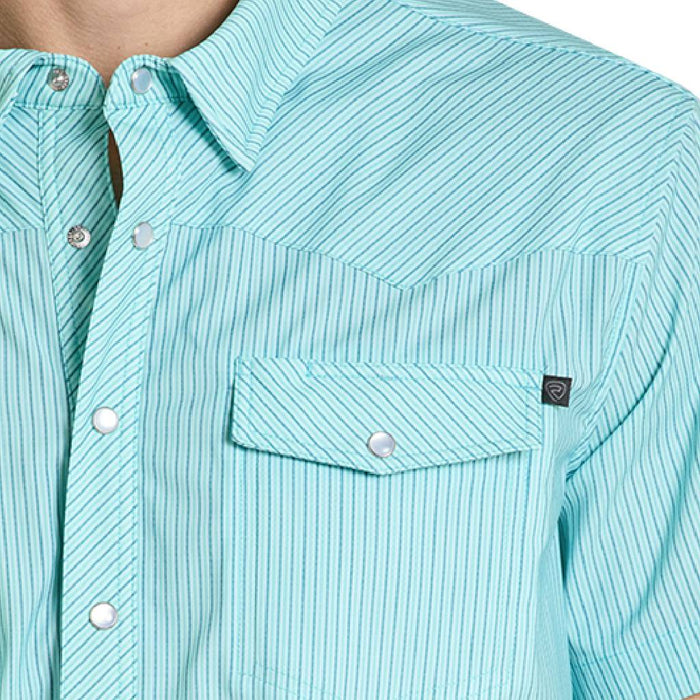 Rock & Roll Denim Men's Tek Core Stripe Pearl Snap Shirt - Light Turquoise MEN - Clothing - Shirts - Short Sleeve Panhandle