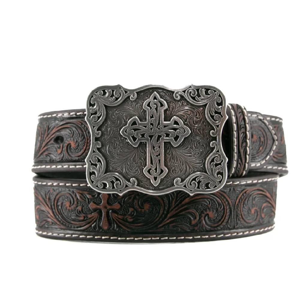 Nocona Girl's 1 1/4" Embossed Cross Buckle Brown Belt KIDS - Accessories - Belts M&F Western Products
