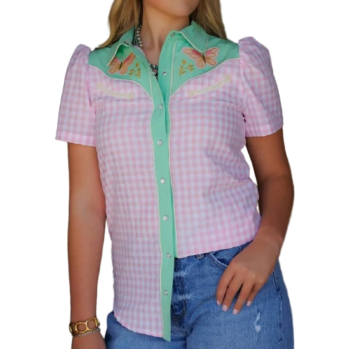 Howdy Hanny Butterfly Embroidery Pearl Snap Shirt WOMEN - Clothing - Tops - Short Sleeved Howdy Hanny