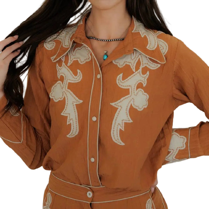 Howdy Hanny Applique Apricot Button Down Shirt WOMEN - Clothing - Tops - Long Sleeved Howdy Hanny