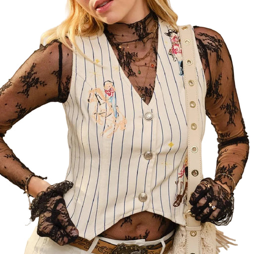 Embroidered Pin Stripe Crop White Denim Vest WOMEN - Clothing - Tops - Sleeveless Blue B