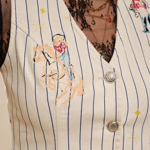 Embroidered Pin Stripe Crop White Denim Vest WOMEN - Clothing - Tops - Sleeveless Blue B