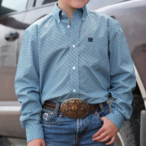 Cinch Boy's Geo Print Blue Button Down Shirt KIDS - Boys - Clothing - Shirts - Long Sleeve Shirts Cinch