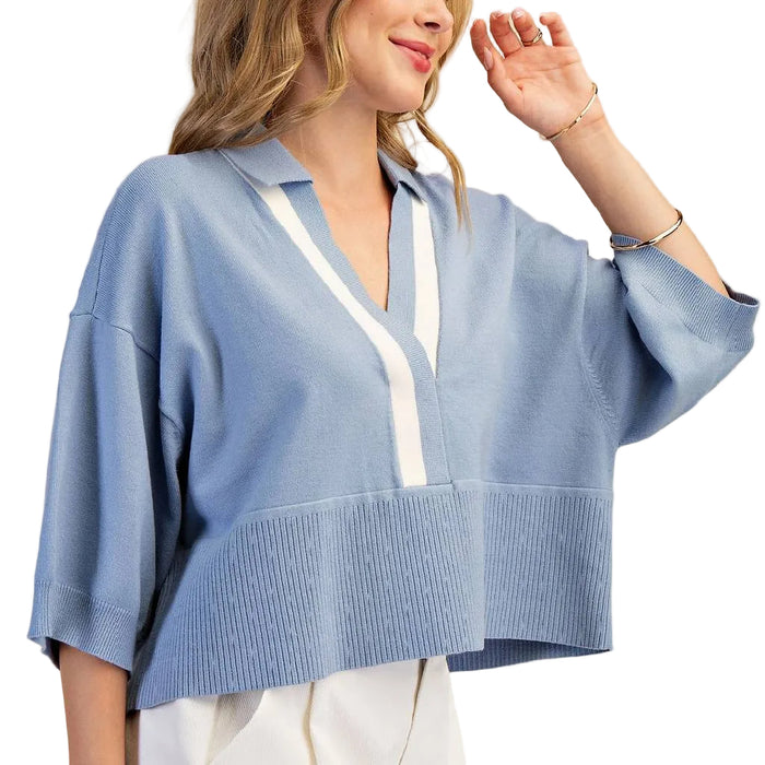 Drop Shoulder Blue Sweater WOMEN - Clothing - Tops - Short Sleeved Glam