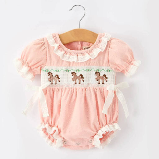 Horse Embroidered Lace Pink Romper KIDS - Baby - Baby Girl Clothing Rylee Faith Designs