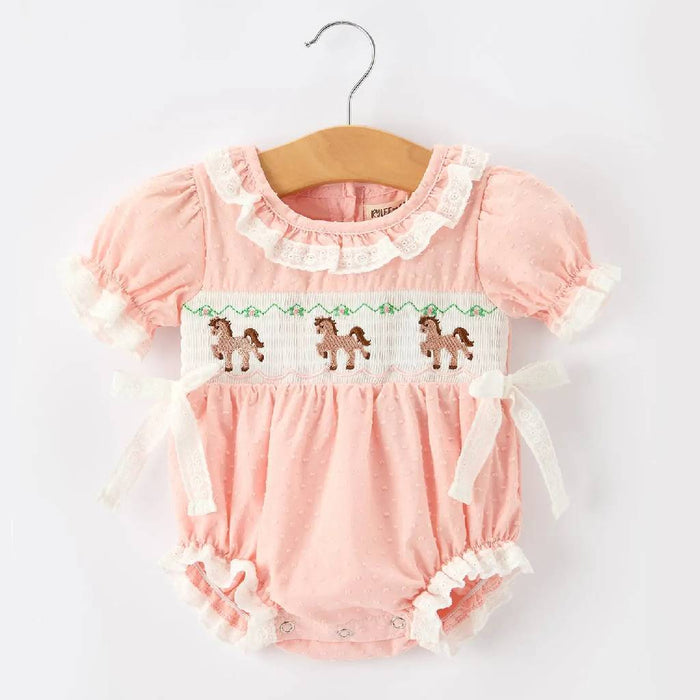 Horse Embroidered Lace Pink Romper KIDS - Baby - Baby Girl Clothing Rylee Faith Designs