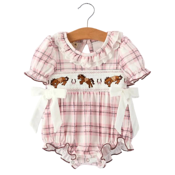 Horse Embroidered Smocked Pink Plaid Romper KIDS - Baby - Baby Girl Clothing Rylee Faith Designs
