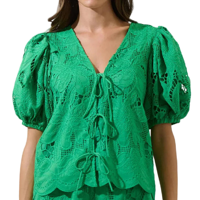 Friona Eyelet Puff Sleeve Kelly Green Top