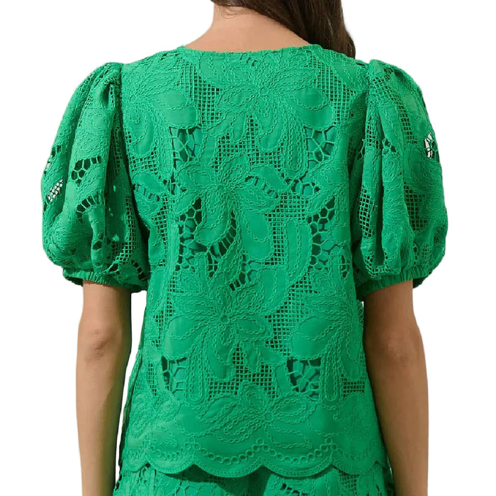 Friona Eyelet Puff Sleeve Kelly Green Top