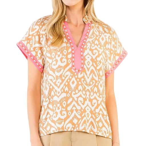V-Neck Abstract Embellished Detail Top WOMEN - Clothing - Tops - Short Sleeved THML Clothing