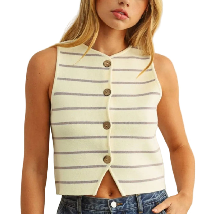 Button Detail Stripe Knit Vest