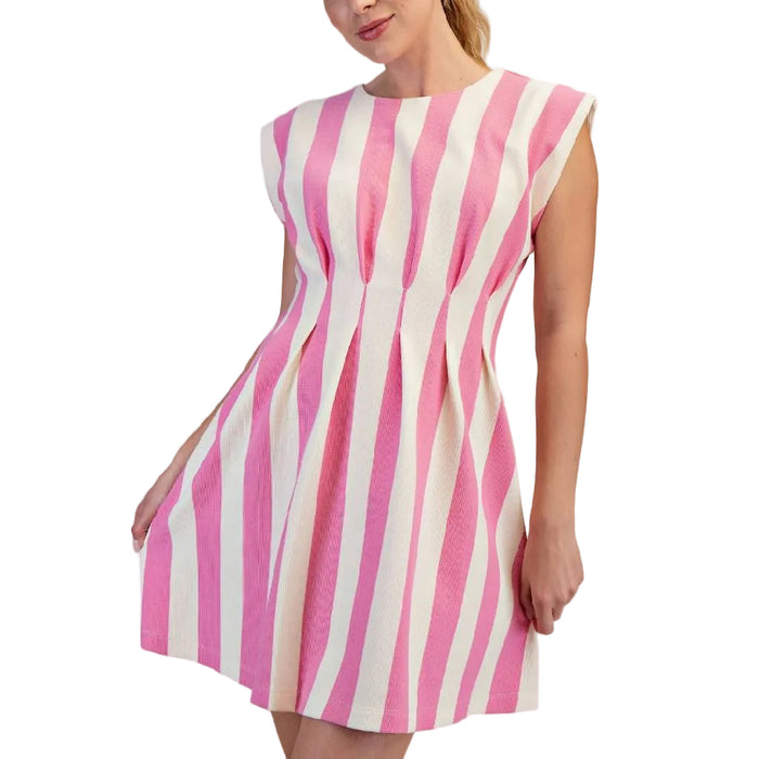 Pink Round Neck Stripe Mini Dress