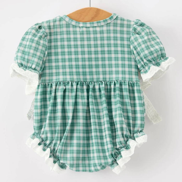 Horse Embroidered Western Mint Plaid Bubble Romper