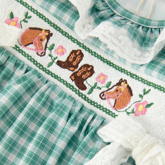 Horse Embroidered Western Mint Plaid Bubble Romper