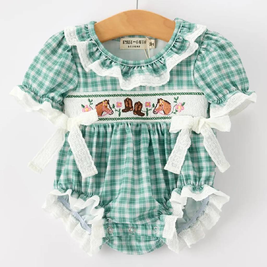 Horse Embroidered Western Mint Plaid Bubble Romper KIDS - Baby - Baby Girl Clothing Rylee Faith Designs