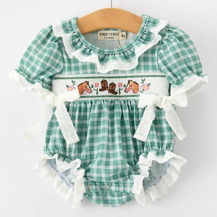 Horse Embroidered Western Mint Plaid Bubble Romper