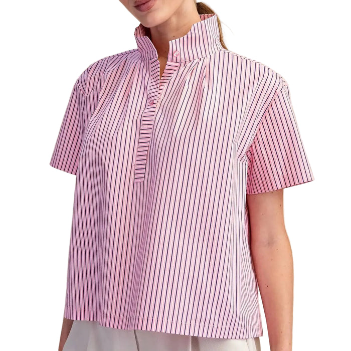 Stand Collar Stripe Pink Top