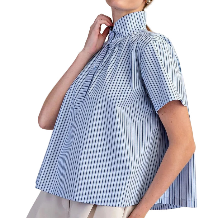 Stand Collar Stripe Blue Top