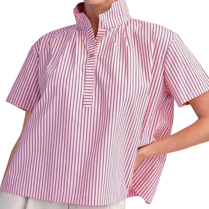 Stand Collar Stripe Pink Top