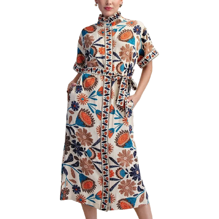 Floral Tie Waist Beige Midi Dress